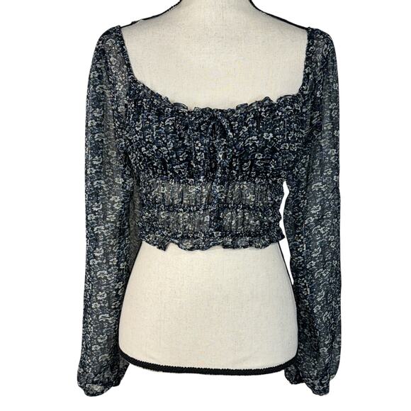 Aeropostale Small Cropped Top Floral Ruffled Keyhole Balloon Sleeve Square Neck - Picture 1 of 9